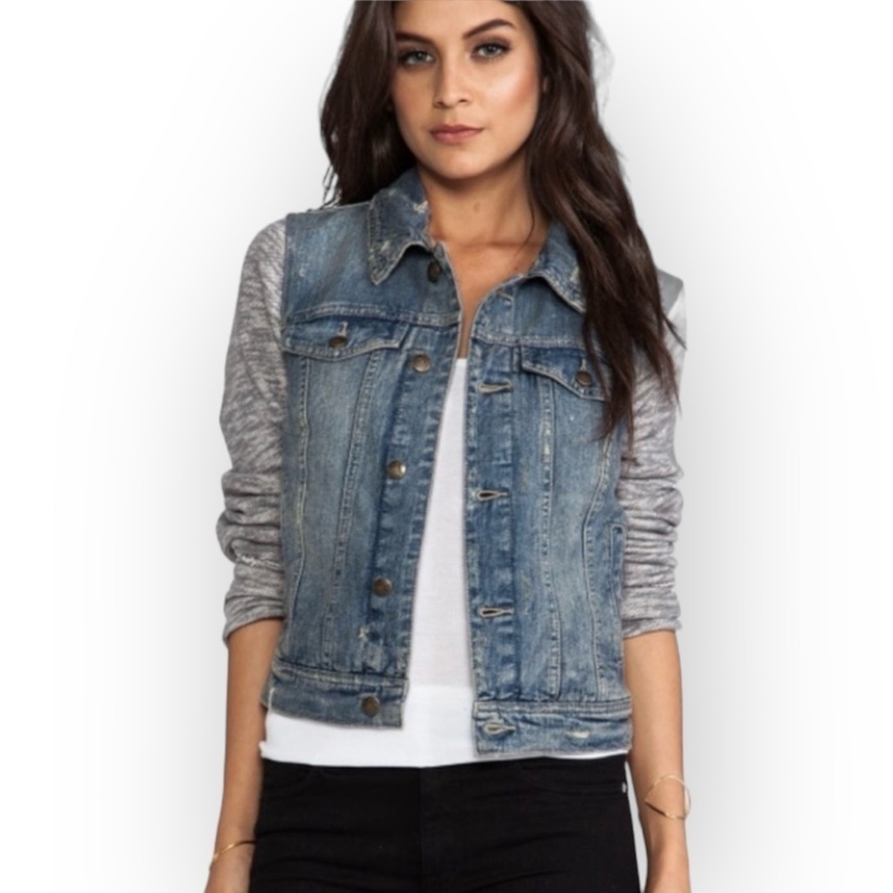 Free People Distressed Jean Jacket Hooded Fabric Sleeves Grunge Layering Size M